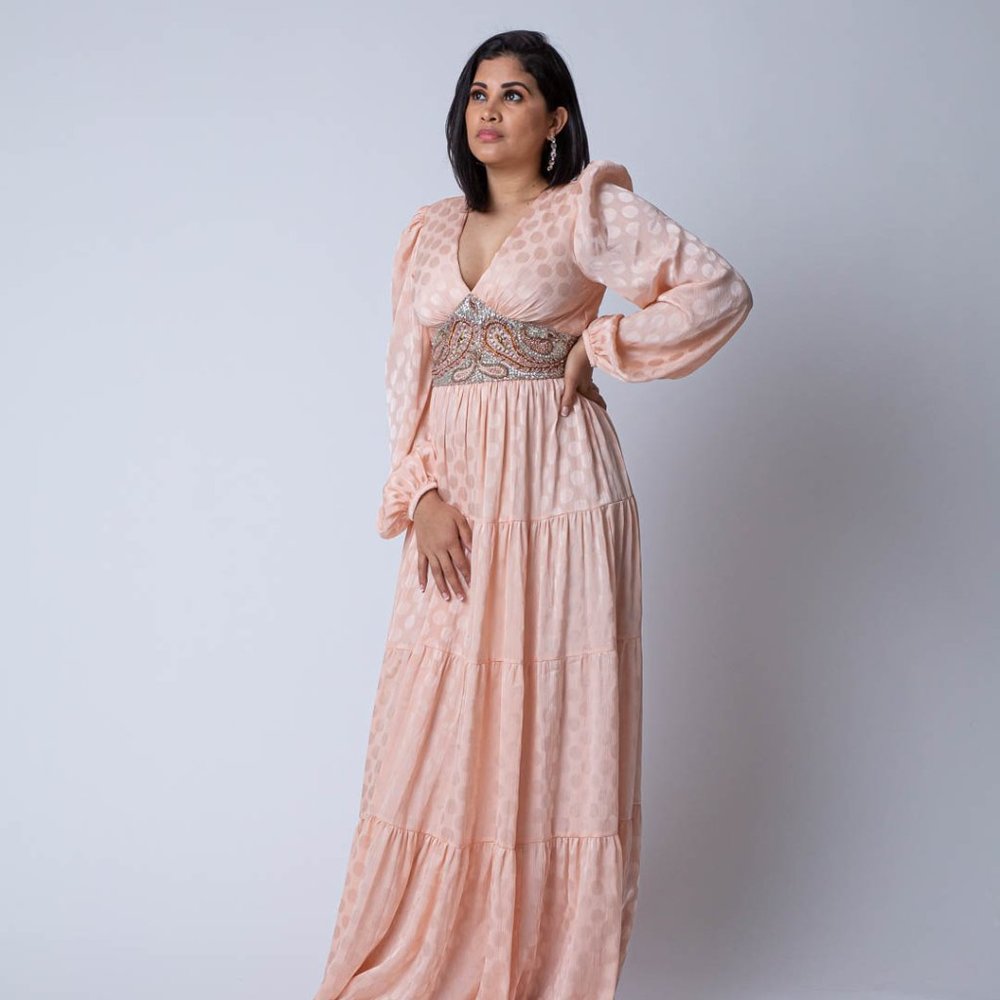 Maxi Peach Dress with Long Balloon-sleeves and with sequin cinched waist.